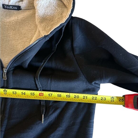 Fleece Lined Hooded Knit Jacket  Black Long Sleeve Active Coat L - Picture 3 of 6